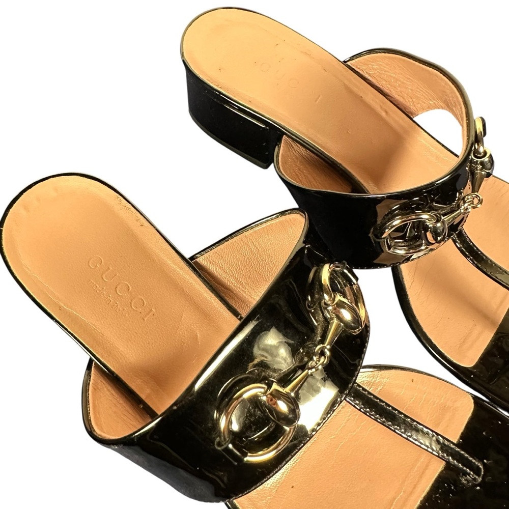 GUCCI Patent T-Bar Strap Horsebit Sandals - Picture 6 of 11